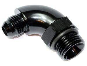 15848 - Adaptor, AN-6 to AN-8 ORB, Male-Male, 90° Full Flow, Including Viton O Ring, Black